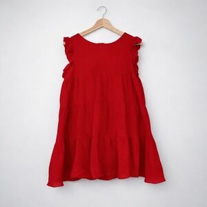 Solution Red Ruffle Tiered Dress 100% Cotton Medium Women's Summer Casual